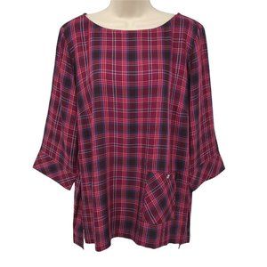 J Jill Womens Long Sleeves V Neck Pullover Plum Multi Plaid Tunic Top